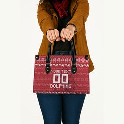 Personalized Dolphins Christmas Leather Bag Australian Rugby Fans - Pixelated Ugly Xmas Pattern Mascot Santa