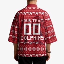 Personalized Dolphins Christmas Kimono Australian Rugby Fans - Pixelated Ugly Xmas Pattern Mascot Santa