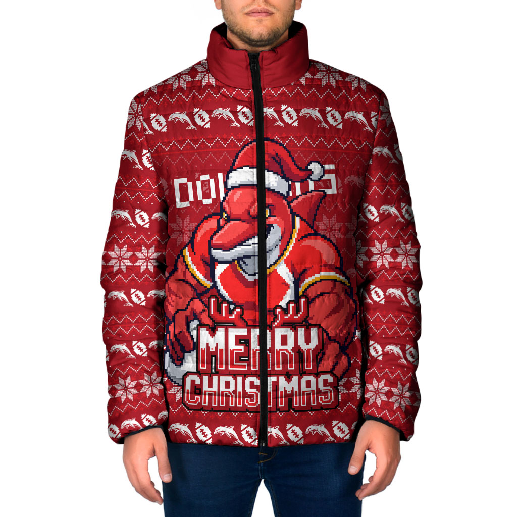 Personalized Dolphins Christmas Padded Jacket Australian Rugby Fans - Pixelated Ugly Xmas Pattern Mascot Santa