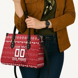 Personalized Dolphins Christmas Leather Bag Australian Rugby Fans - Pixelated Ugly Xmas Pattern Mascot Santa