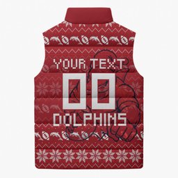 Personalized Dolphins Christmas Sleeveless Puffer Jacket Australian Rugby Fans - Pixelated Ugly Xmas Pattern Mascot Santa