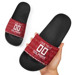 Personalized Dolphins Christmas Slide Sandals Australian Rugby Fans - Pixelated Ugly Xmas Pattern Mascot Santa