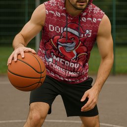 Personalized Dolphins Christmas Sleeveless Hoodie Australian Rugby Fans - Pixelated Ugly Xmas Pattern Mascot Santa