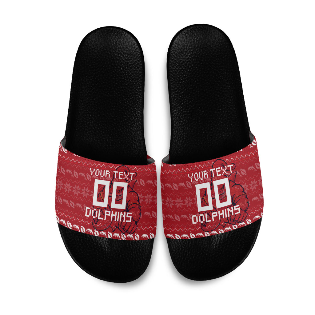 Personalized Dolphins Christmas Slide Sandals Australian Rugby Fans - Pixelated Ugly Xmas Pattern Mascot Santa