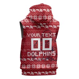 Personalized Dolphins Christmas Sleeveless Zip Hoodie Australian Rugby Fans - Pixelated Ugly Xmas Pattern Mascot Santa