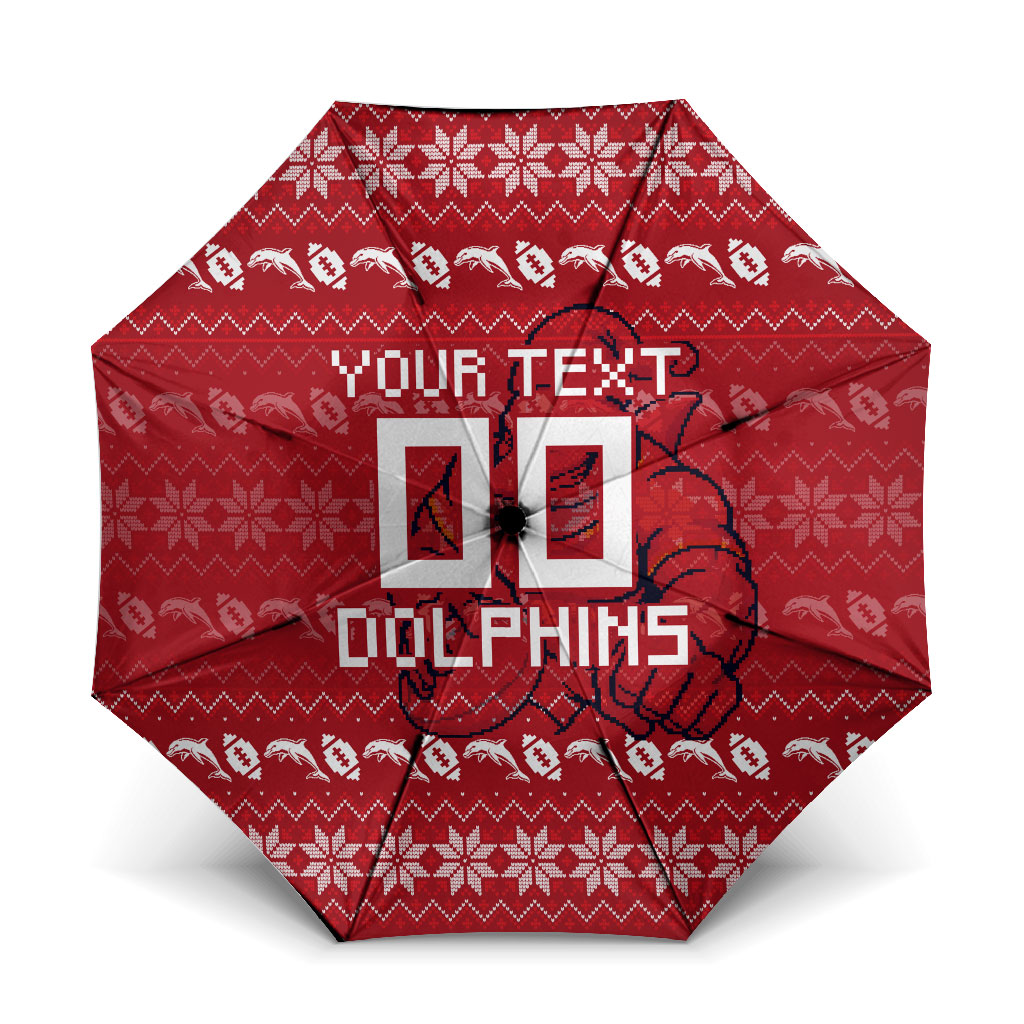Personalized Dolphins Christmas Umbrella Australian Rugby Fans - Pixelated Ugly Xmas Pattern Mascot Santa