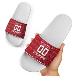 Personalized Dolphins Christmas Slide Sandals Australian Rugby Fans - Pixelated Ugly Xmas Pattern Mascot Santa