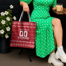 Personalized Dolphins Christmas Tote Bag Australian Rugby Fans - Pixelated Ugly Xmas Pattern Mascot Santa
