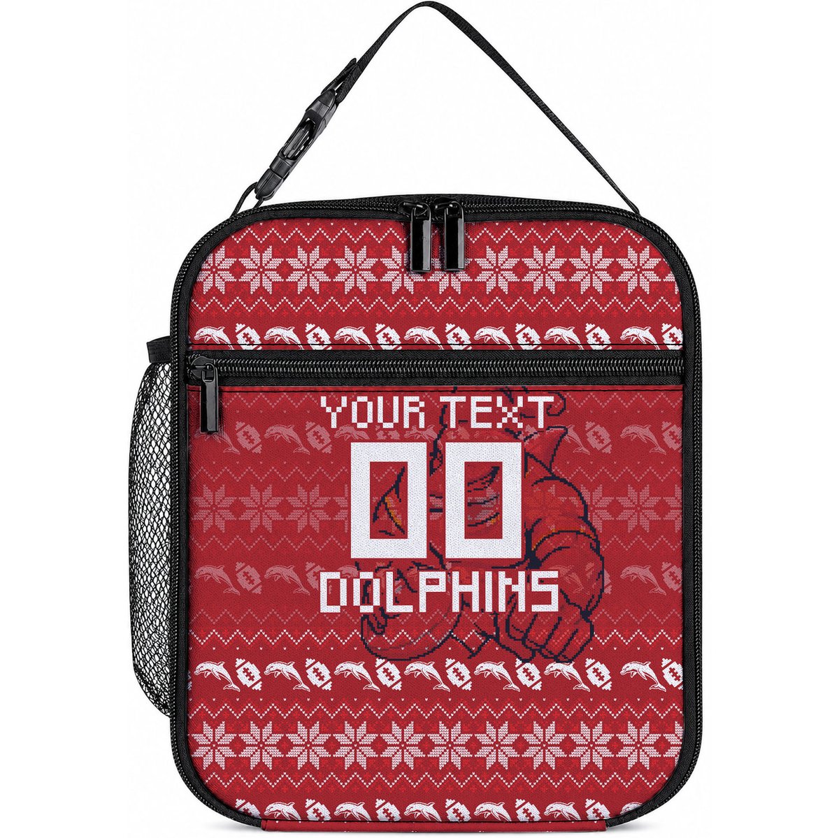 Personalized Dolphins Christmas Lunch Bag Australian Rugby Fans - Pixelated Ugly Xmas Pattern Mascot Santa