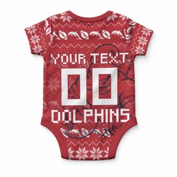 Personalized Dolphins Christmas Baby Onesie Australian Rugby Fans - Pixelated Ugly Xmas Pattern Mascot Santa