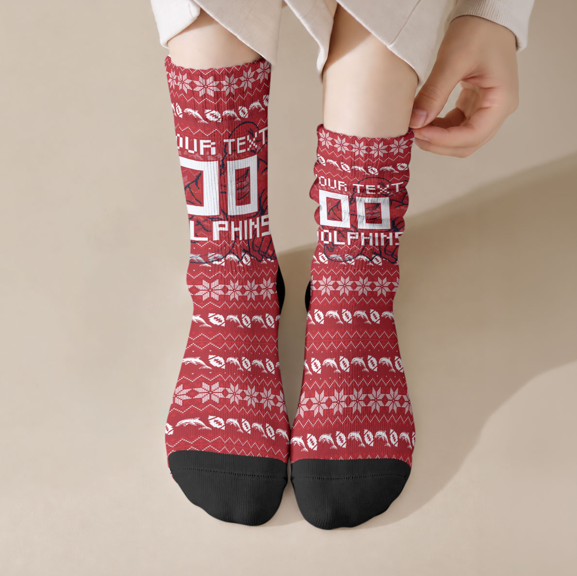Personalized Dolphins Christmas Crew Socks Australian Rugby Fans - Pixelated Ugly Xmas Pattern Mascot Santa