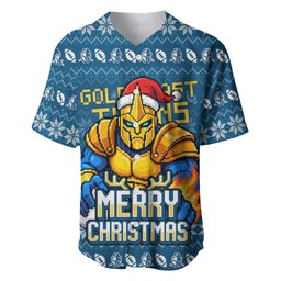 Personalized Gold Coast Titans Christmas Baseball Jersey Australian Rugby Fans - Pixelated Ugly Xmas Pattern Mascot Santa