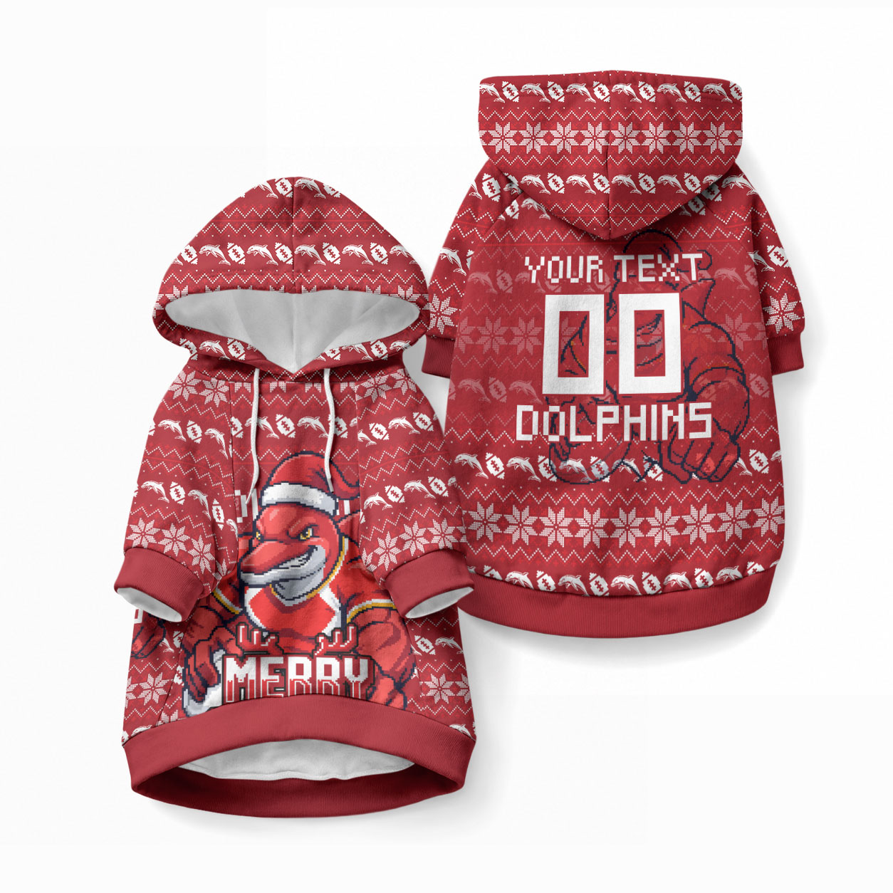 Personalized Dolphins Christmas Pet Hoodie Australian Rugby Fans - Pixelated Ugly Xmas Pattern Mascot Santa