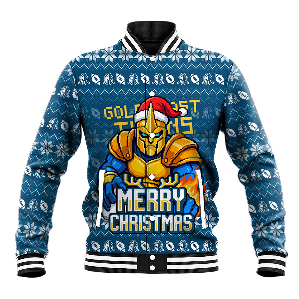 Personalized Gold Coast Titans Christmas Baseball Jacket Australian Rugby Fans - Pixelated Ugly Xmas Pattern Mascot Santa
