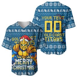 Personalized Gold Coast Titans Christmas Baseball Jersey Australian Rugby Fans - Pixelated Ugly Xmas Pattern Mascot Santa