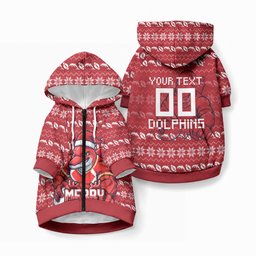 Personalized Dolphins Christmas Pet Hoodie Australian Rugby Fans - Pixelated Ugly Xmas Pattern Mascot Santa