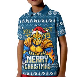 Personalized Gold Coast Titans Christmas Kid Polo Shirt Australian Rugby Fans - Pixelated Ugly Xmas Pattern Mascot Santa