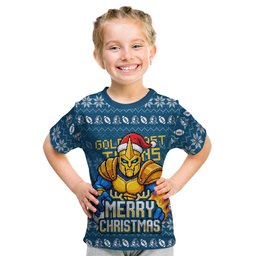 Personalized Gold Coast Titans Christmas Kid T Shirt Australian Rugby Fans - Pixelated Ugly Xmas Pattern Mascot Santa