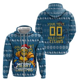 Personalized Gold Coast Titans Christmas Zip Hoodie Australian Rugby Fans - Pixelated Ugly Xmas Pattern Mascot Santa