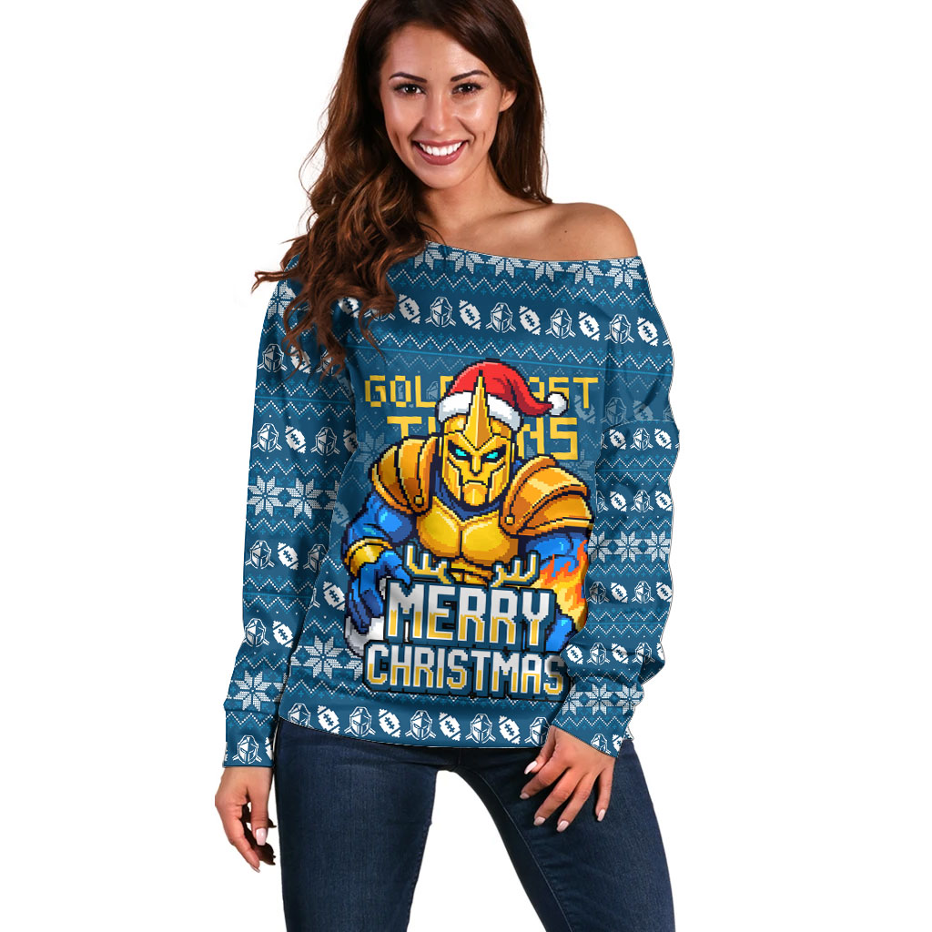 Personalized Gold Coast Titans Christmas Off Shoulder Sweater Australian Rugby Fans - Pixelated Ugly Xmas Pattern Mascot Santa