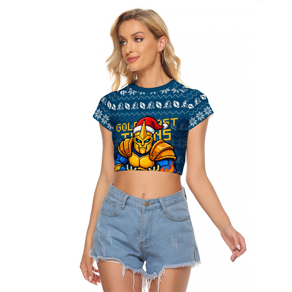 Personalized Gold Coast Titans Christmas Raglan Cropped T Shirt Australian Rugby Fans - Pixelated Ugly Xmas Pattern Mascot Santa