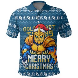 Personalized Gold Coast Titans Christmas Polo Shirt Australian Rugby Fans - Pixelated Ugly Xmas Pattern Mascot Santa