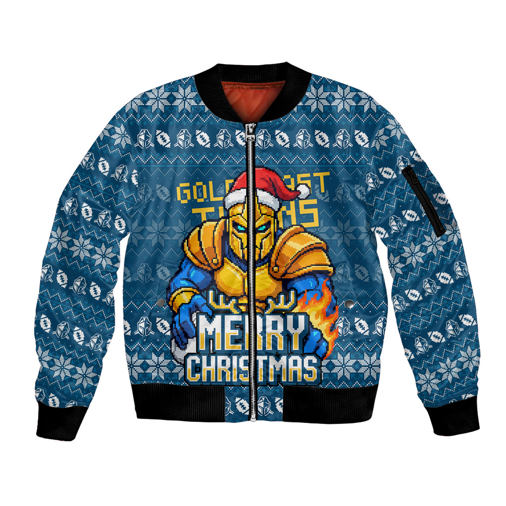 Personalized Gold Coast Titans Christmas Sleeve Zip Bomber Jacket Australian Rugby Fans - Pixelated Ugly Xmas Pattern Mascot Santa