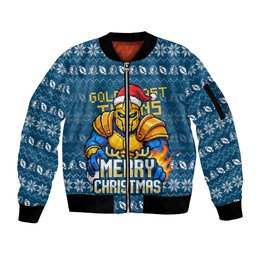 Personalized Gold Coast Titans Christmas Sleeve Zip Bomber Jacket Australian Rugby Fans - Pixelated Ugly Xmas Pattern Mascot Santa