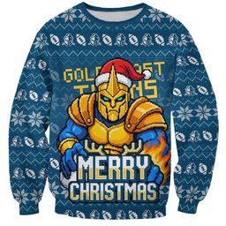 Personalized Gold Coast Titans Christmas Sweatshirt Australian Rugby Fans - Pixelated Ugly Xmas Pattern Mascot Santa