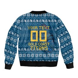 Personalized Gold Coast Titans Christmas Sleeve Zip Bomber Jacket Australian Rugby Fans - Pixelated Ugly Xmas Pattern Mascot Santa