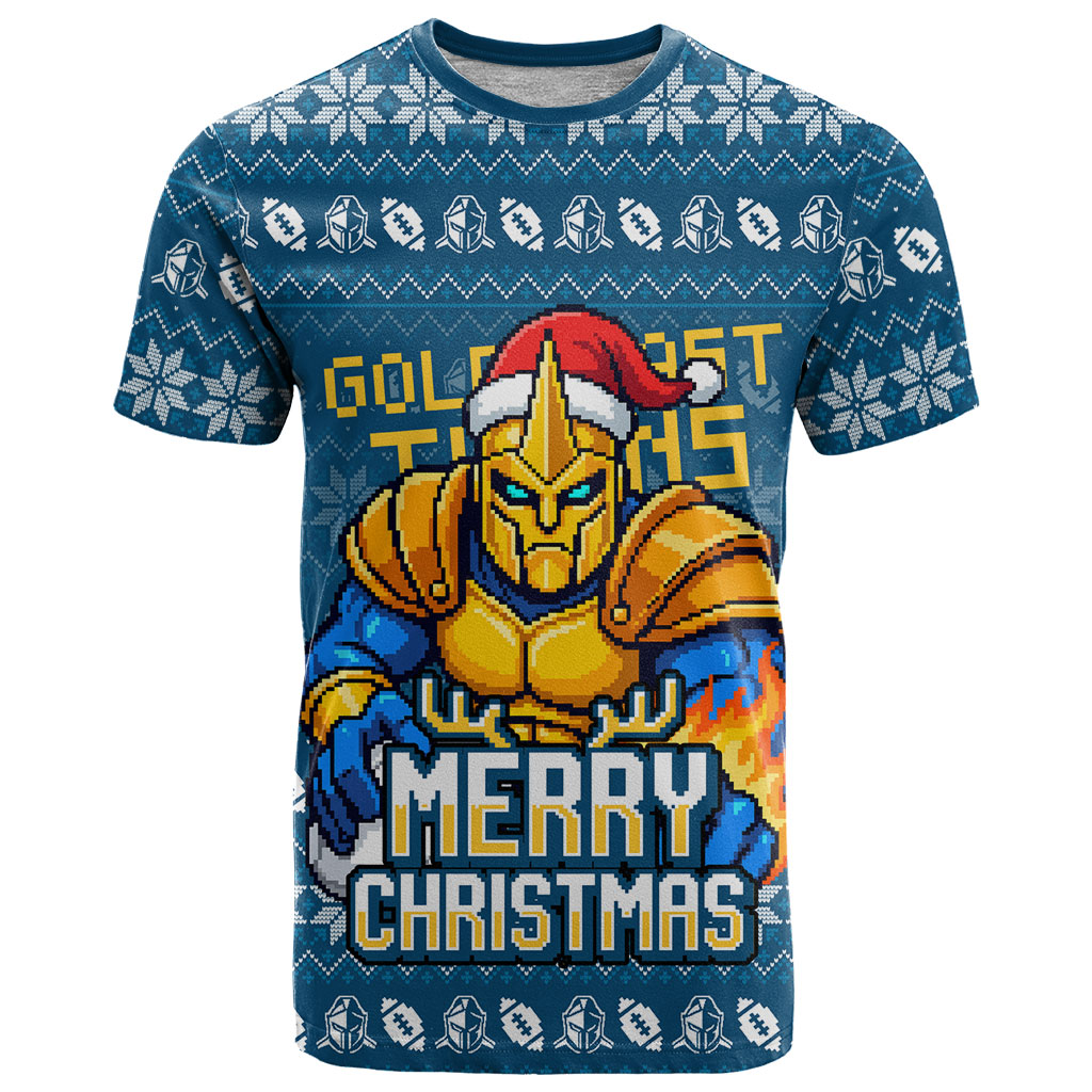 Personalized Gold Coast Titans Christmas T Shirt Australian Rugby Fans - Pixelated Ugly Xmas Pattern Mascot Santa
