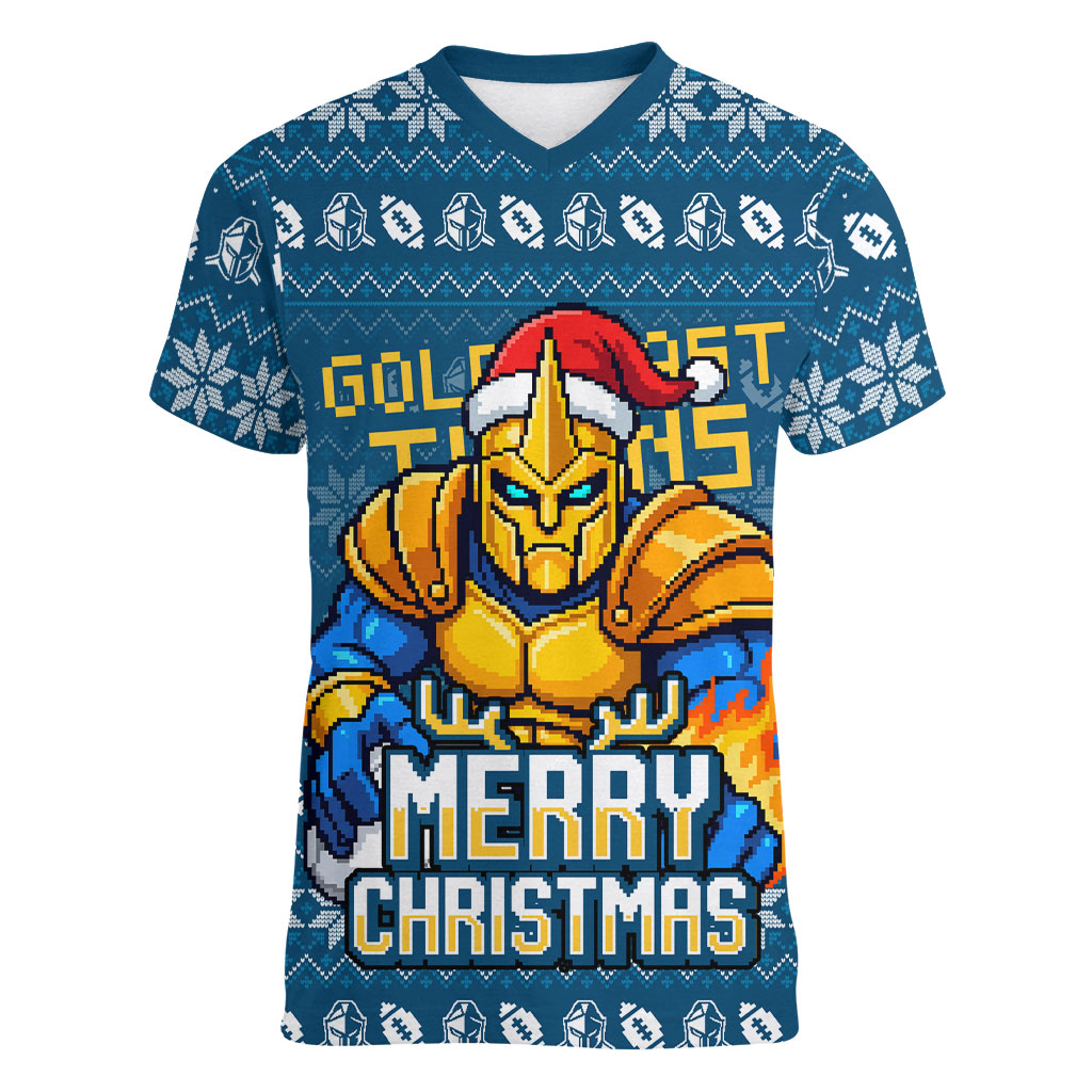Personalized Gold Coast Titans Christmas Women V-Neck T-Shirt Australian Rugby Fans - Pixelated Ugly Xmas Pattern Mascot Santa
