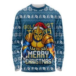 Personalized Gold Coast Titans Christmas Long Sleeve Shirt Australian Rugby Fans - Pixelated Ugly Xmas Pattern Mascot Santa