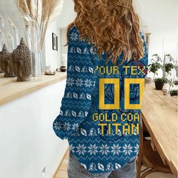 Personalized Gold Coast Titans Christmas Women Casual Shirt Australian Rugby Fans - Pixelated Ugly Xmas Pattern Mascot Santa