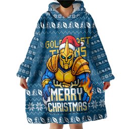 Personalized Gold Coast Titans Christmas Wearable Blanket Hoodie Australian Rugby Fans - Pixelated Ugly Xmas Pattern Mascot Santa