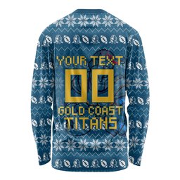 Personalized Gold Coast Titans Christmas Long Sleeve Shirt Australian Rugby Fans - Pixelated Ugly Xmas Pattern Mascot Santa