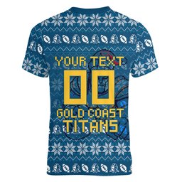 Personalized Gold Coast Titans Christmas Women V-Neck T-Shirt Australian Rugby Fans - Pixelated Ugly Xmas Pattern Mascot Santa