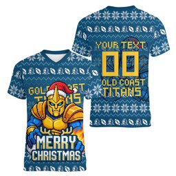 Personalized Gold Coast Titans Christmas Women V-Neck T-Shirt Australian Rugby Fans - Pixelated Ugly Xmas Pattern Mascot Santa