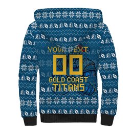 Personalized Gold Coast Titans Christmas Sherpa Hoodie Australian Rugby Fans - Pixelated Ugly Xmas Pattern Mascot Santa