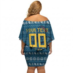 Personalized Gold Coast Titans Christmas Off Shoulder Short Dress Australian Rugby Fans - Pixelated Ugly Xmas Pattern Mascot Santa