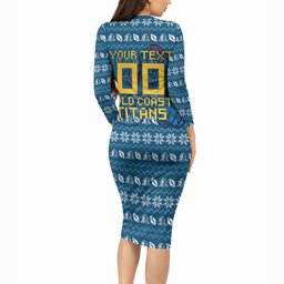 Personalized Gold Coast Titans Christmas Long Sleeve Bodycon Dress Australian Rugby Fans - Pixelated Ugly Xmas Pattern Mascot Santa