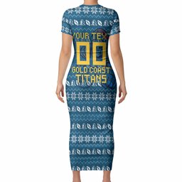 Personalized Gold Coast Titans Christmas Short Sleeve Bodycon Dress Australian Rugby Fans - Pixelated Ugly Xmas Pattern Mascot Santa