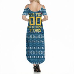 Personalized Gold Coast Titans Christmas Summer Maxi Dress Australian Rugby Fans - Pixelated Ugly Xmas Pattern Mascot Santa