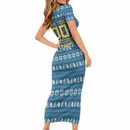 Personalized Gold Coast Titans Christmas Short Sleeve Bodycon Dress Australian Rugby Fans - Pixelated Ugly Xmas Pattern Mascot Santa