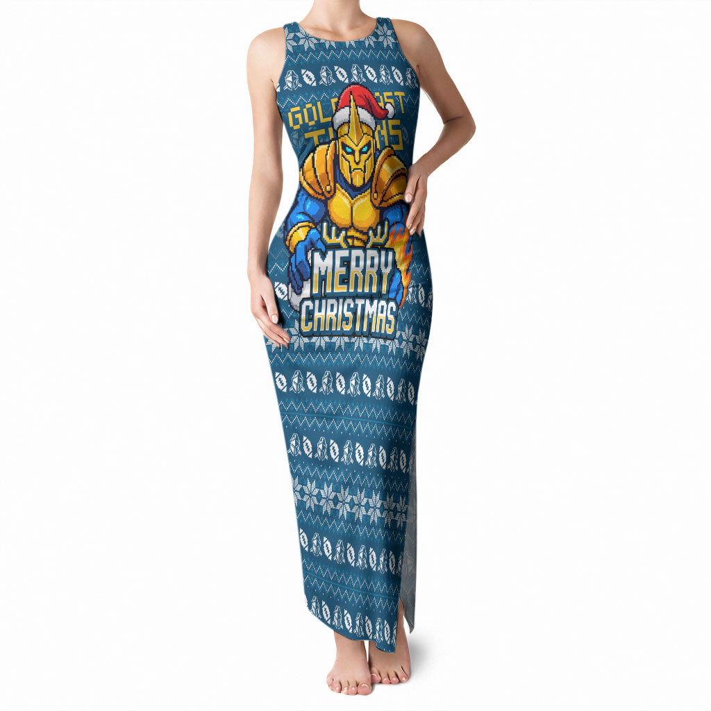 Personalized Gold Coast Titans Christmas Tank Maxi Dress Australian Rugby Fans - Pixelated Ugly Xmas Pattern Mascot Santa