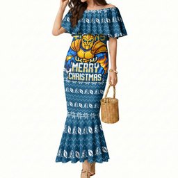 Personalized Gold Coast Titans Christmas Mermaid Dress Australian Rugby Fans - Pixelated Ugly Xmas Pattern Mascot Santa
