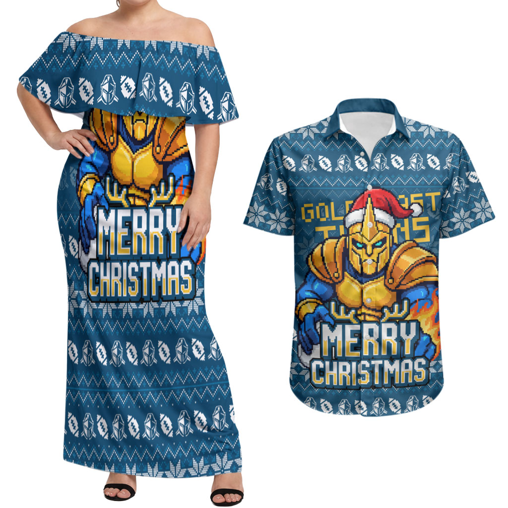 Personalized Gold Coast Titans Christmas Couples Matching Off Shoulder Maxi Dress and Hawaiian Shirt Australian Rugby Fans - Pixelated Ugly Xmas Pattern Mascot Santa
