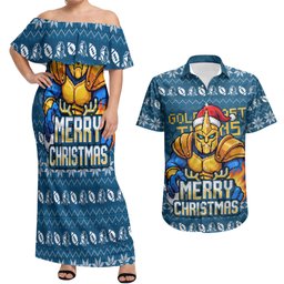Personalized Gold Coast Titans Christmas Couples Matching Off Shoulder Maxi Dress and Hawaiian Shirt Australian Rugby Fans - Pixelated Ugly Xmas Pattern Mascot Santa