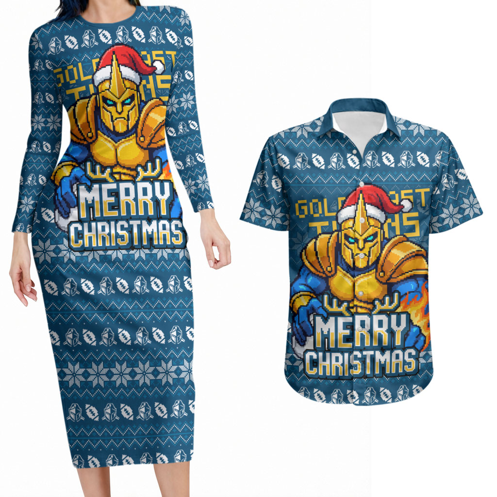 Personalized Gold Coast Titans Christmas Couples Matching Long Sleeve Bodycon Dress and Hawaiian Shirt Australian Rugby Fans - Pixelated Ugly Xmas Pattern Mascot Santa