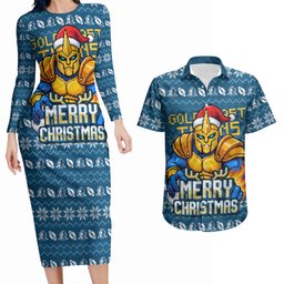 Personalized Gold Coast Titans Christmas Couples Matching Long Sleeve Bodycon Dress and Hawaiian Shirt Australian Rugby Fans - Pixelated Ugly Xmas Pattern Mascot Santa